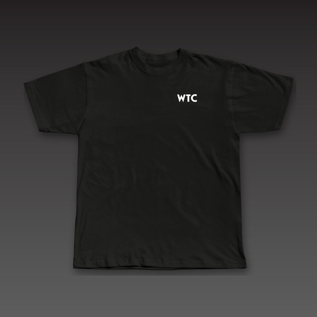 Heavyweight Tee in black, geometric WTC on the left chest