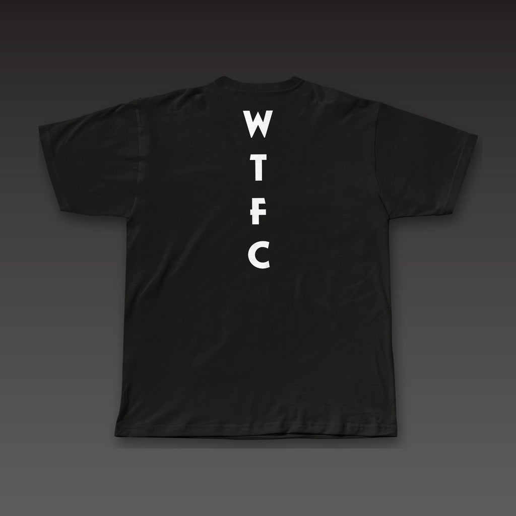 Uppercut Tee in black, geometric WTFC running down the spine