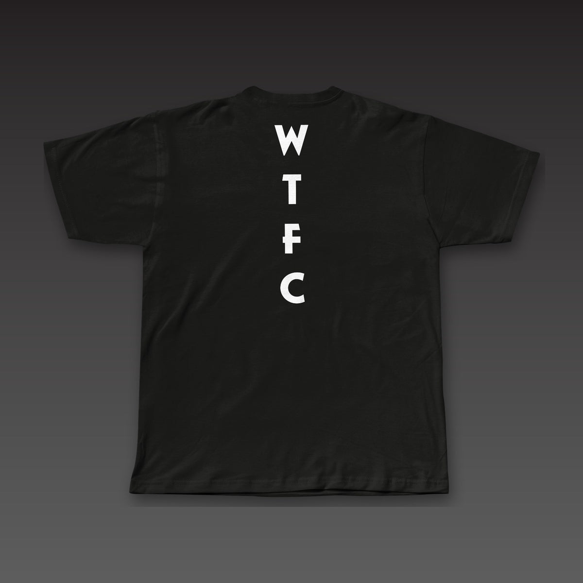 Uppercut Tee in black, geometric WTFC running down the spine