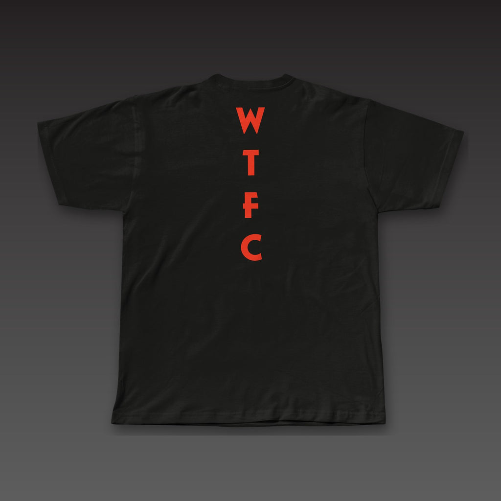 Uppercut Tee in black / blood orange, geometric WTFC running down the spine