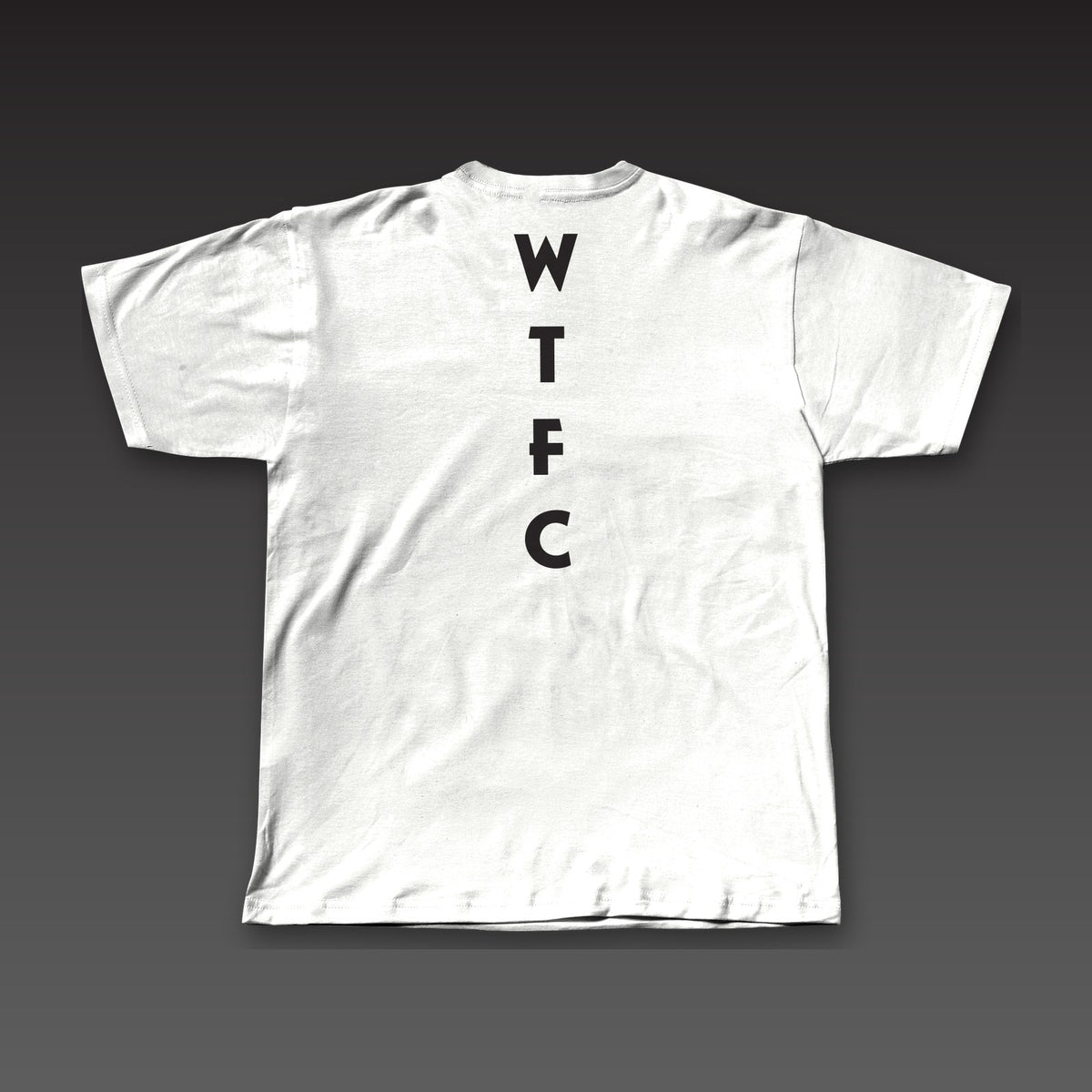 Uppercut Tee in white, geometric WTFC running down the spine