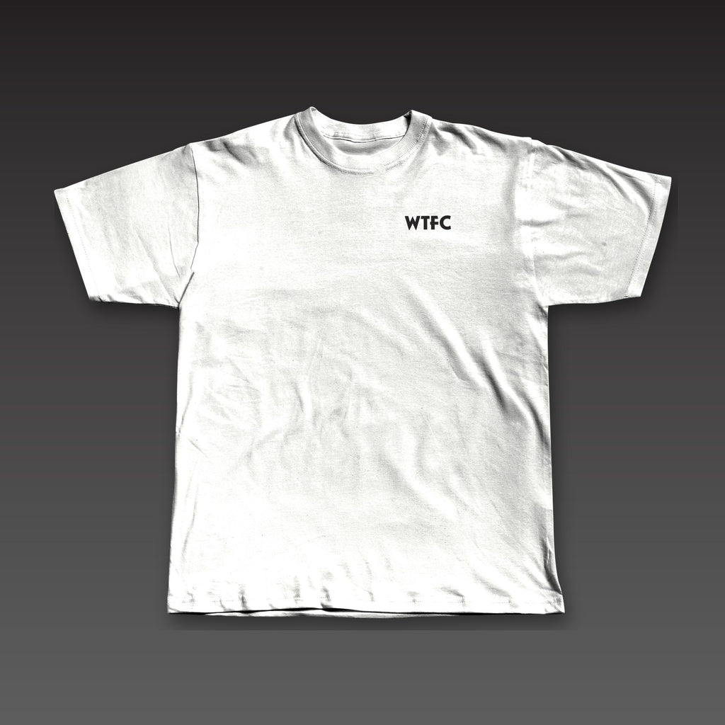 Uppercut Tee in white, geometric Work the Cut stacked on the left chest