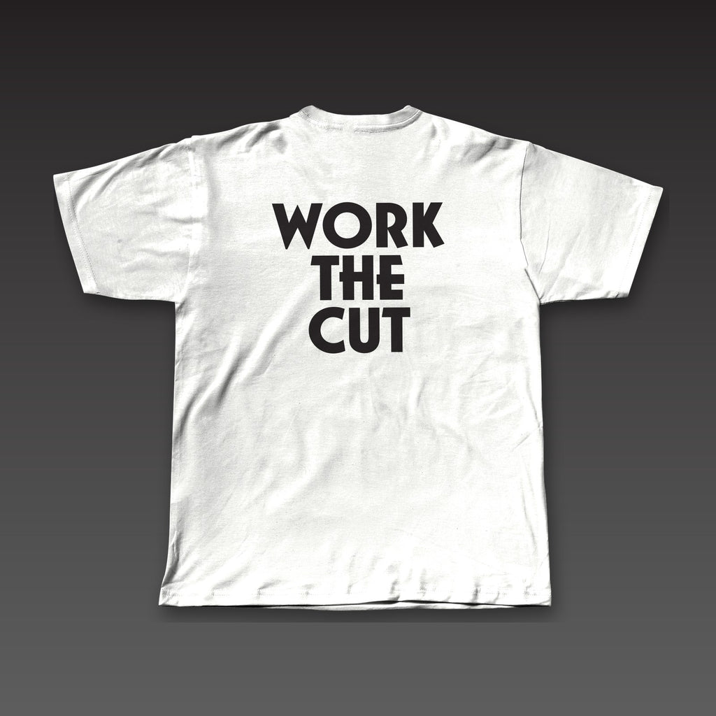 Heavyweight Tee in white, Work the Cut stacked in geometric letters across the back