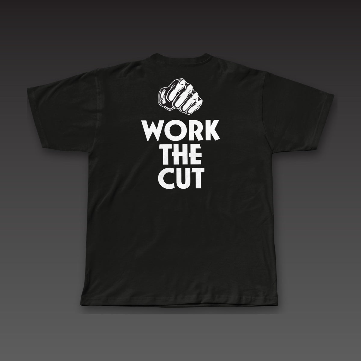 OG Tee in black, a fist over Work the Cut stacked across the back