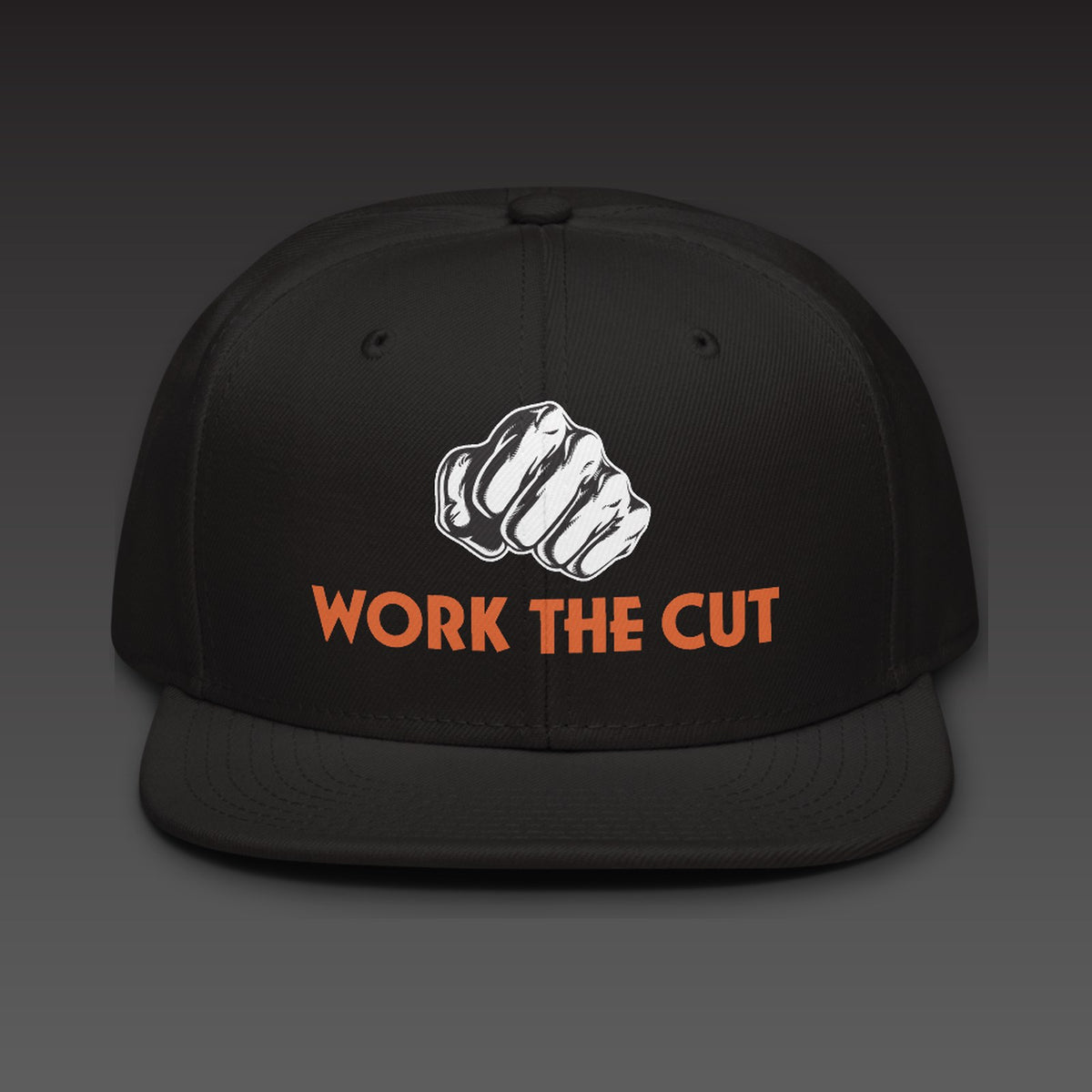 OG Fist Flat Bill in black / orange, the fist over WORK THE CUT in orange type, printed on the front