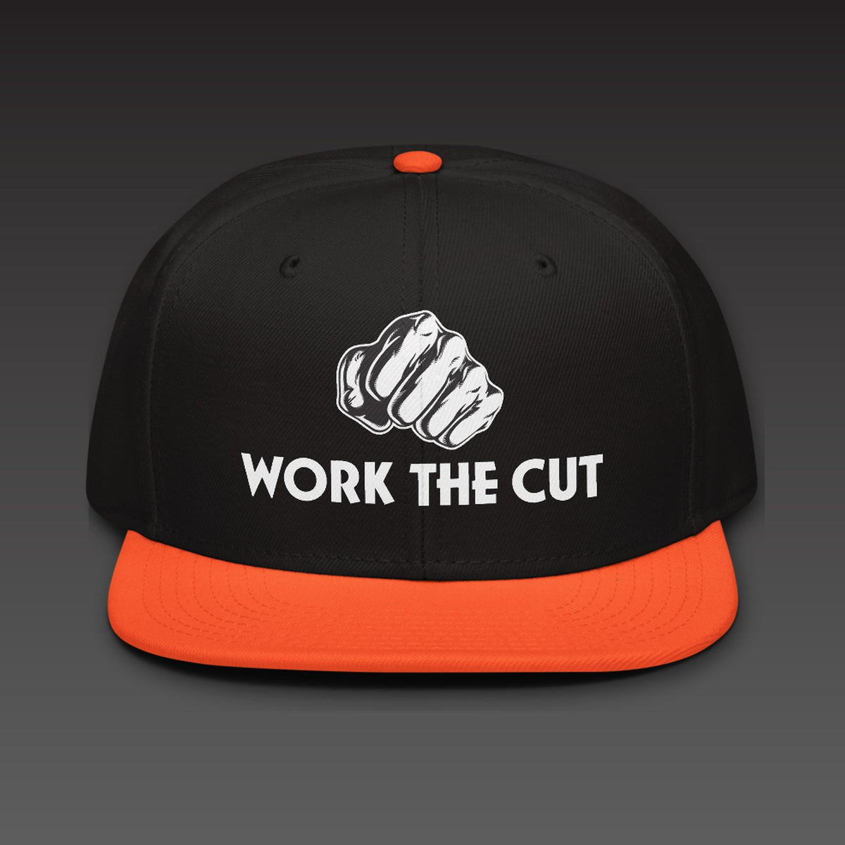 OG Fist Flat Bill in orange visor, the fist over WORK THE CUT in white type, printed on the front