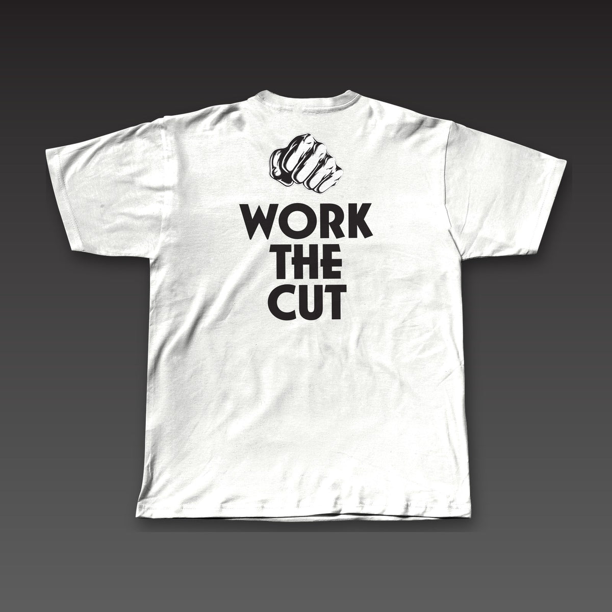 OG Tee in white, a fist over Work the Cut stacked across the back