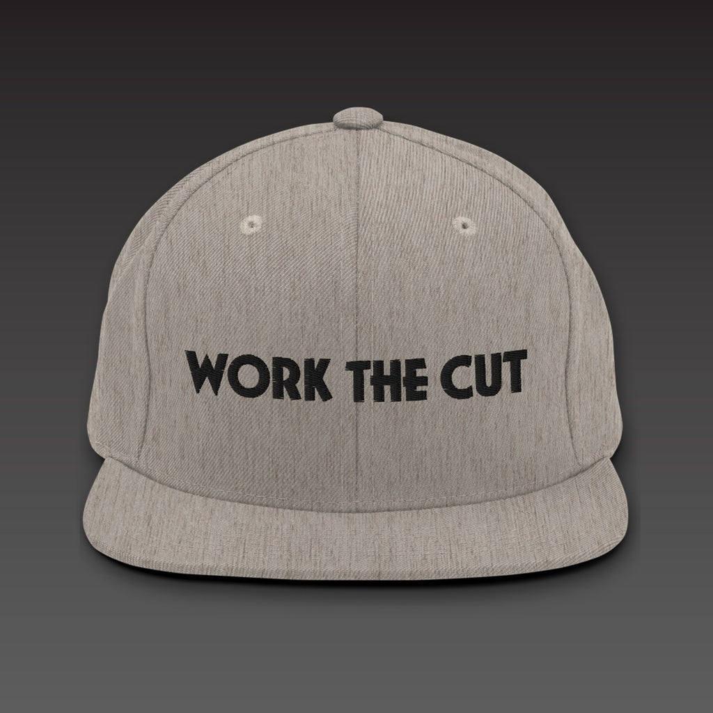 One-Line Flat Bill in heather grey / black, WORK THE CUT in one line of black embroidery across the front
