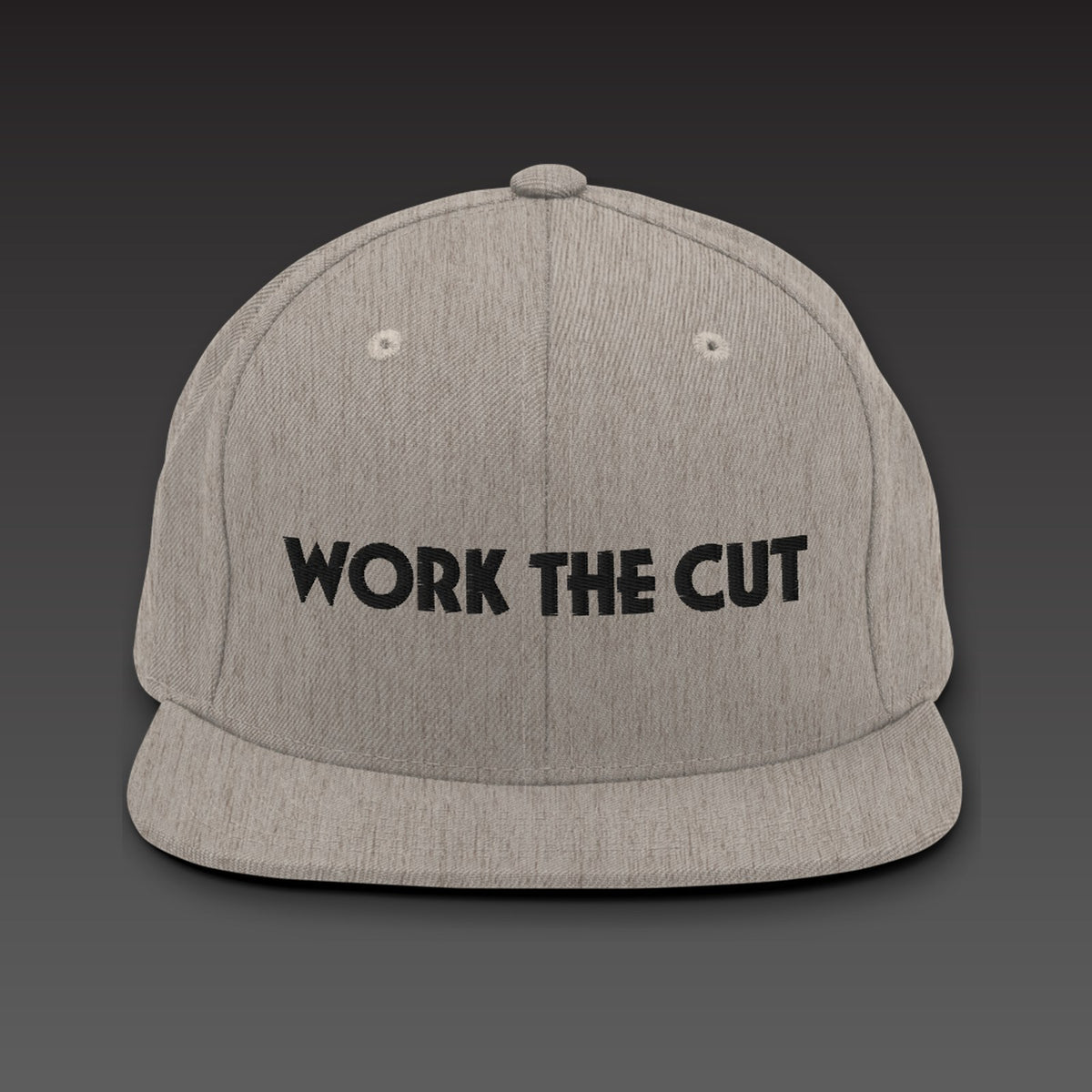 One-Line Flat Bill in heather grey / black, WORK THE CUT in one line of black embroidery across the front