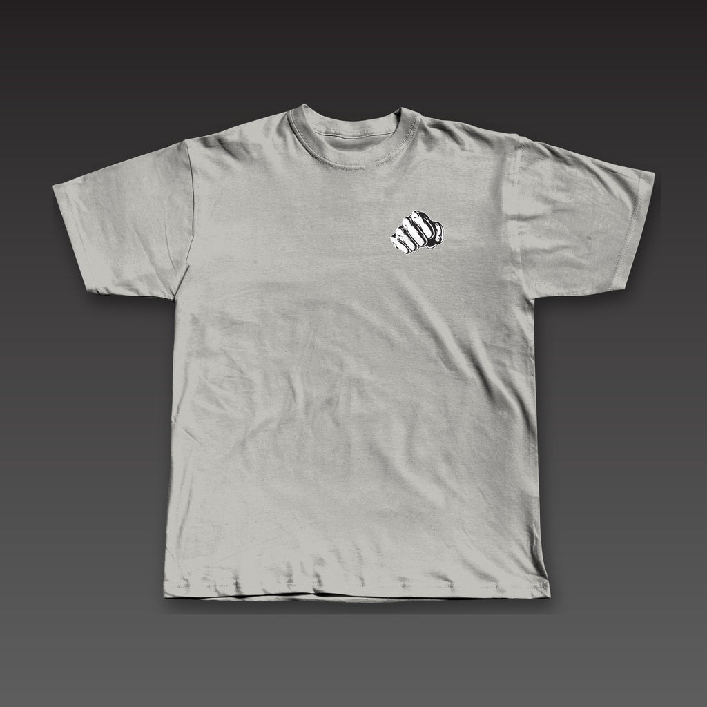 Bare Knuckle Tee in athletic grey, Work the Cut stacked on the left chest
