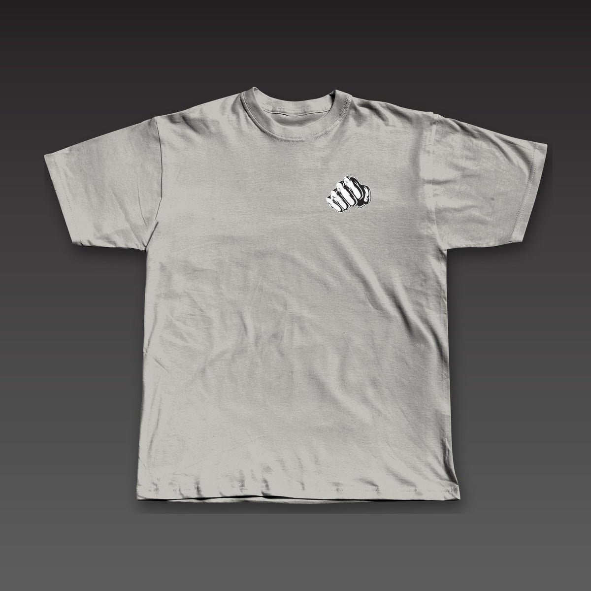 Bare Knuckle Tee in athletic grey, Work the Cut stacked on the left chest