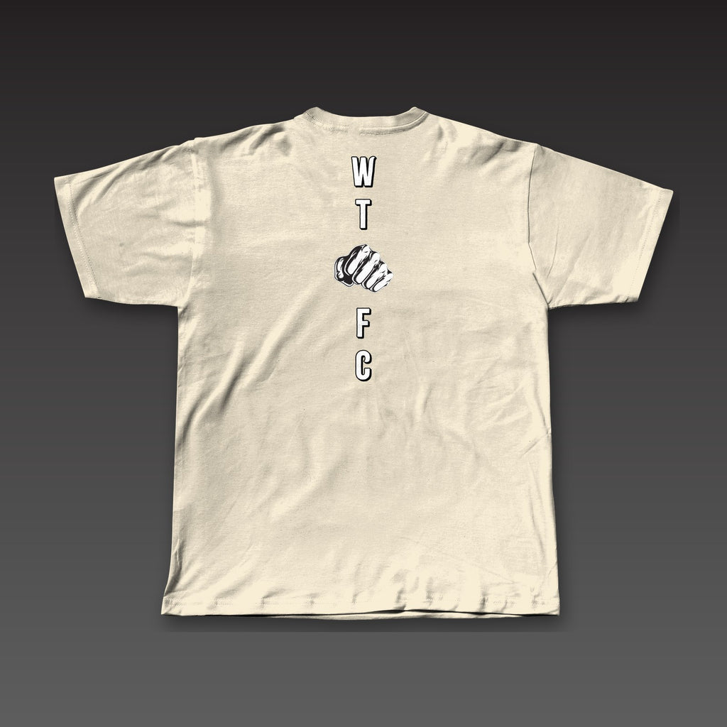 Bare Knuckle Tee in oatmeal, outlined W, T, fist, F and C down the back