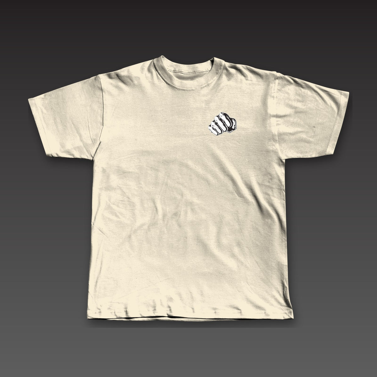 Bare Knuckle Tee in oatmeal, Work the Cut stacked on the left chest