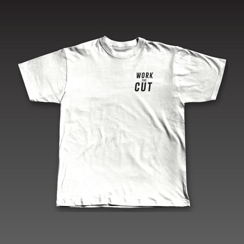 Bare Knuckle Tee in white, Work the Cut stacked on the left chest