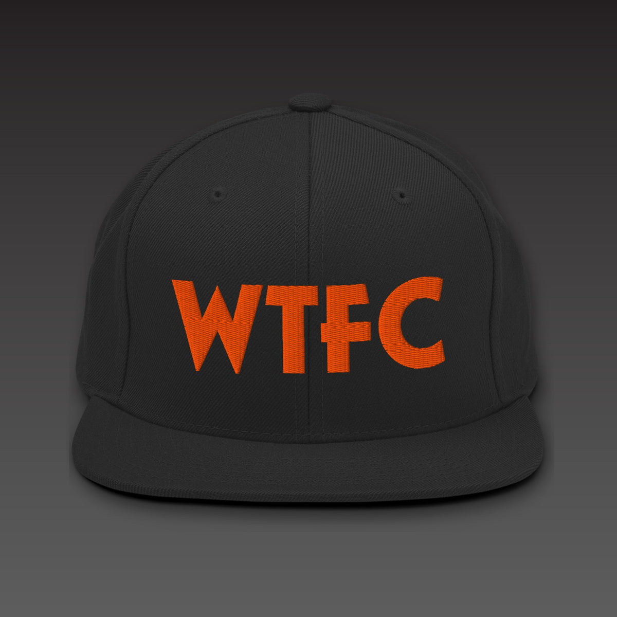Puff Snapback in black / orange, WTFC in orange 3D puff embroidery on the front