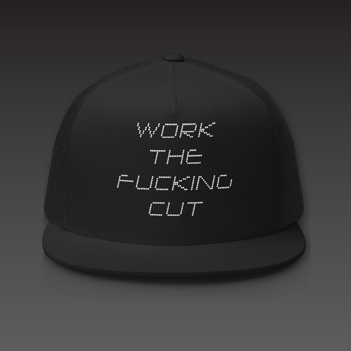 Scoreboard Flat Bill in black, the whole phrase, F-word included, stacked in white scoreboard dots on the front
