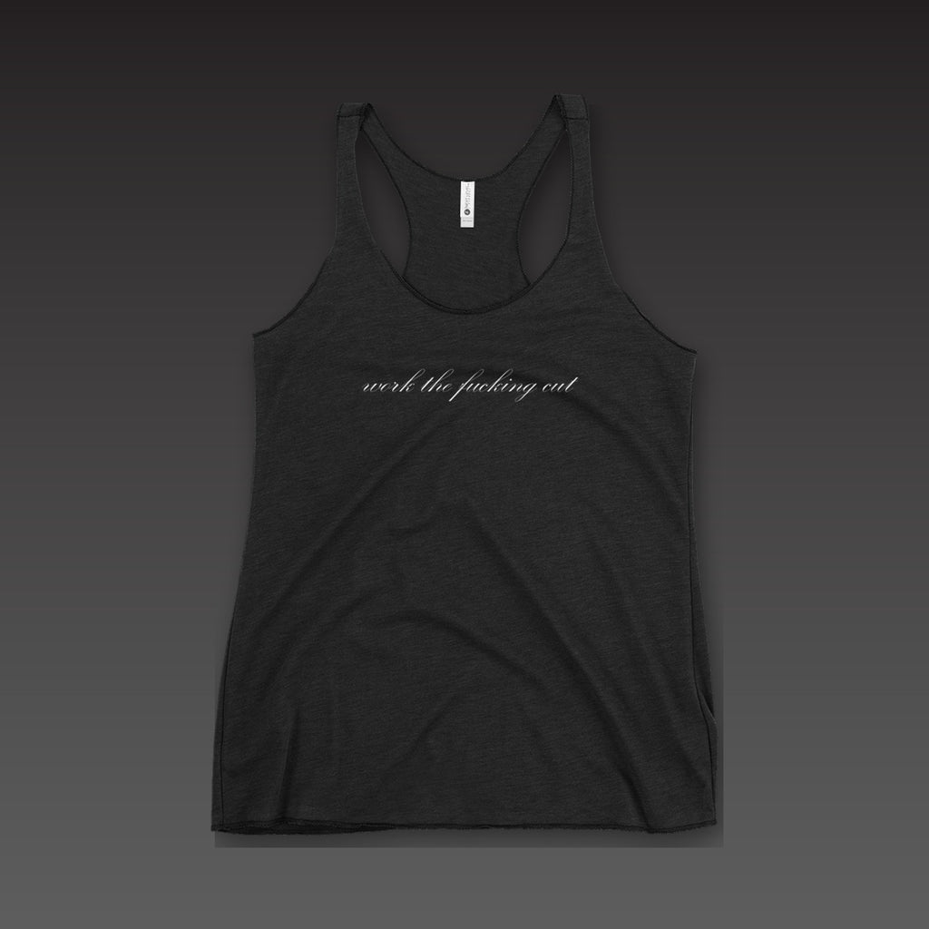 Script Chest Tank in vintage black, the phrase in white script across the chest