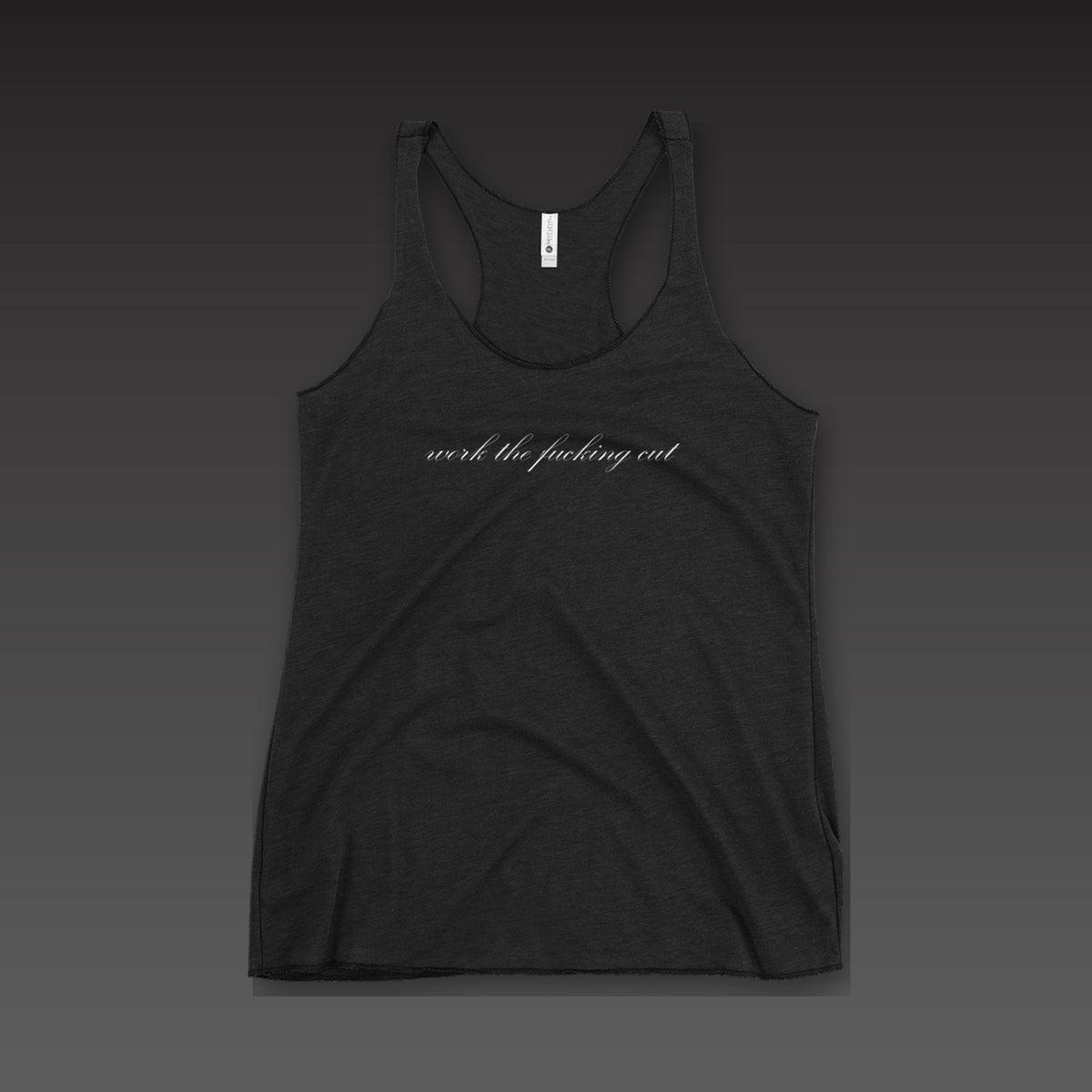 Script Chest Tank in vintage black, the phrase in white script across the chest