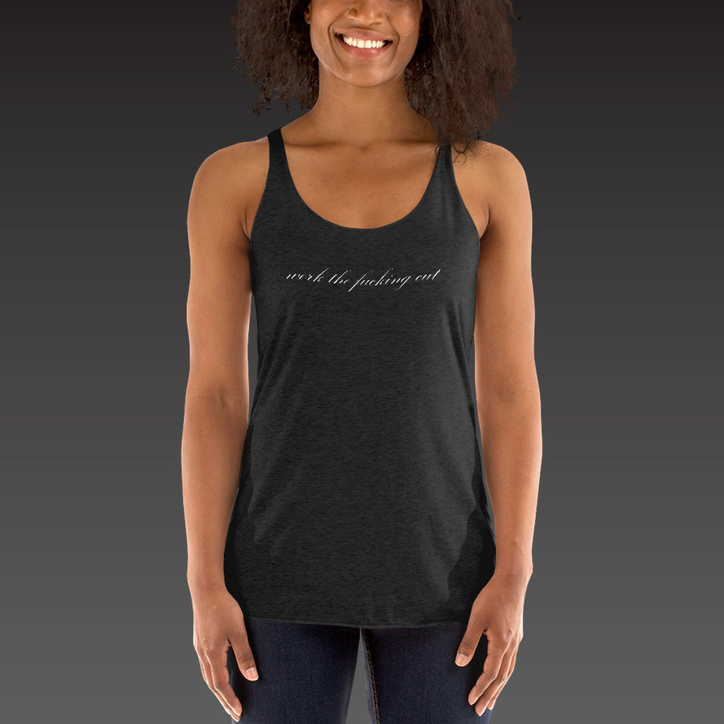 Script Chest Tank in vintage black, the phrase in white script across the chest, shown on a model