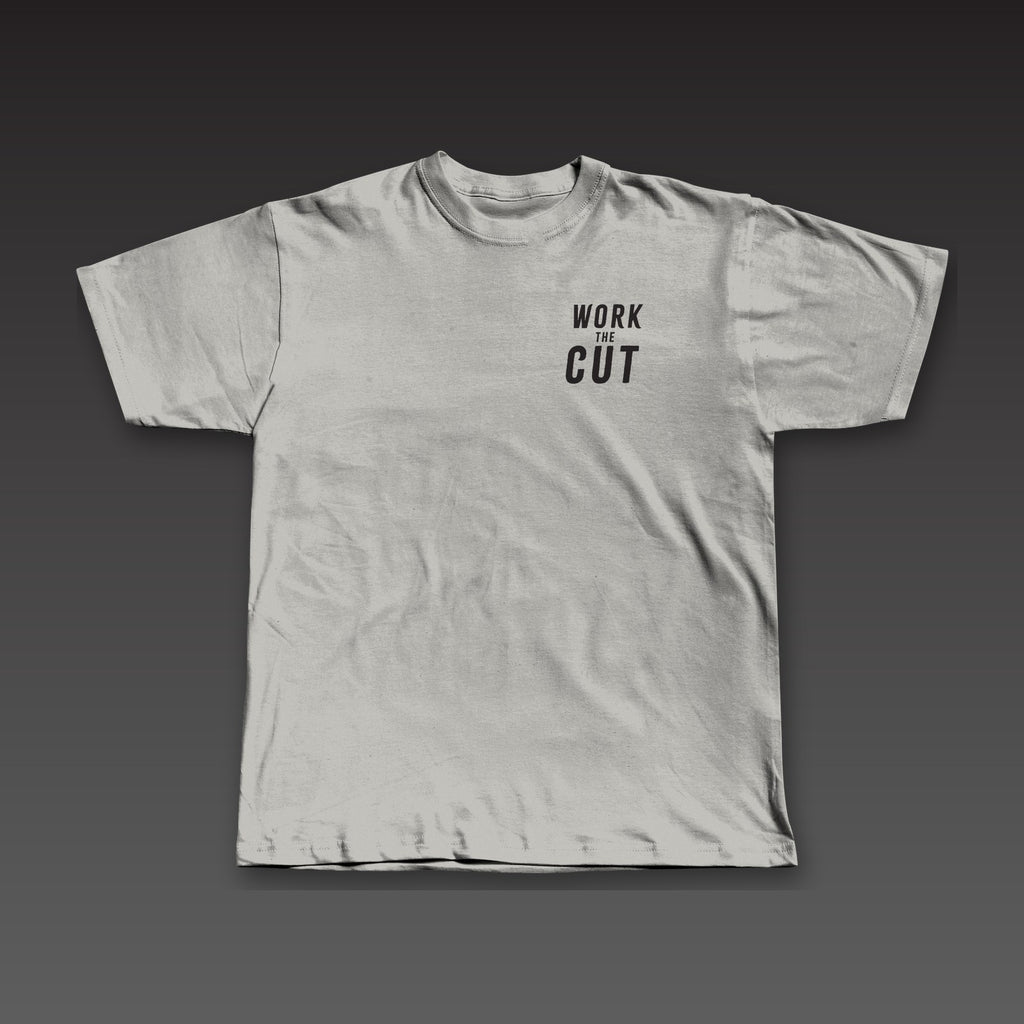 Cutman Tee in athletic grey, Work the Cut stacked on the left chest