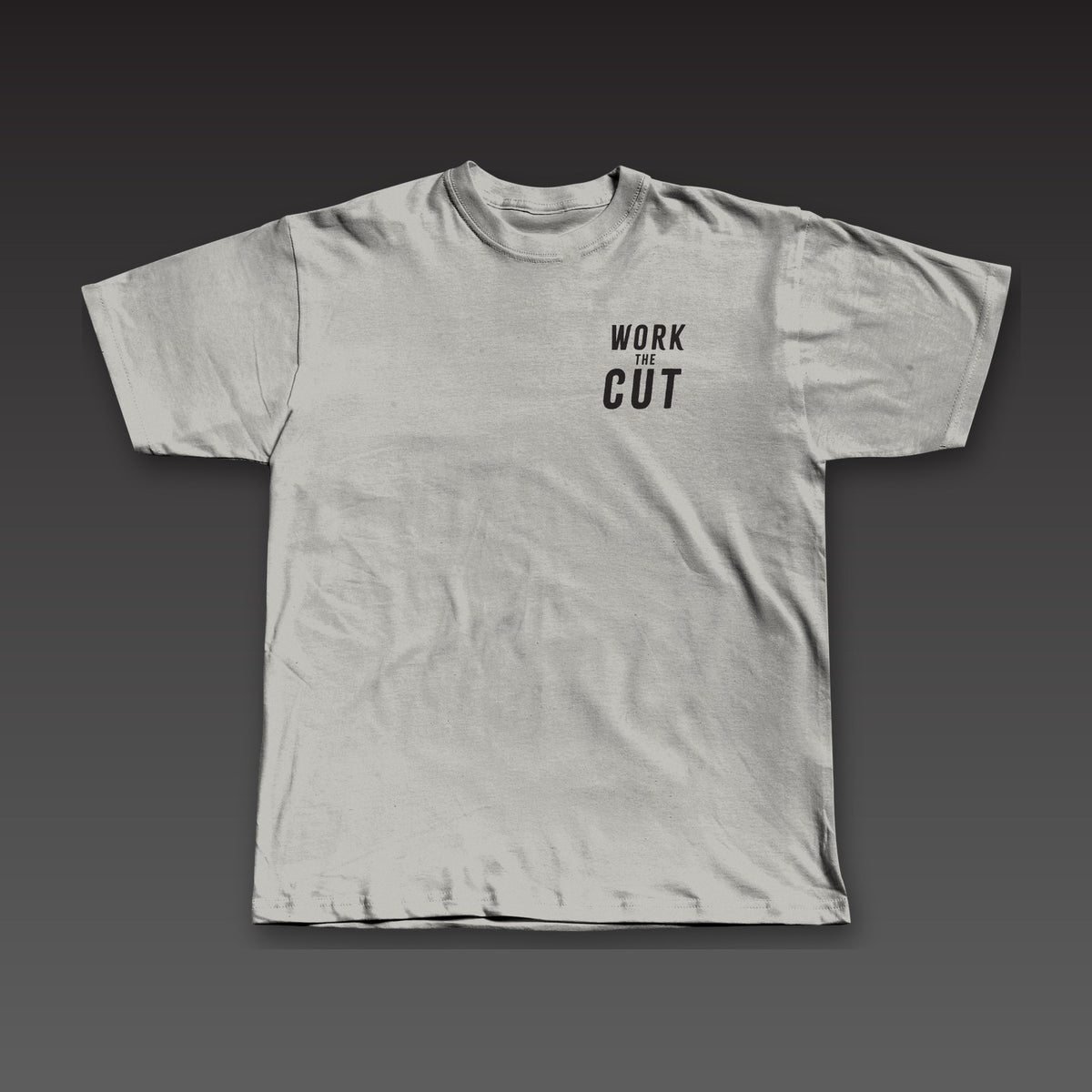 Cutman Tee in athletic grey, Work the Cut stacked on the left chest