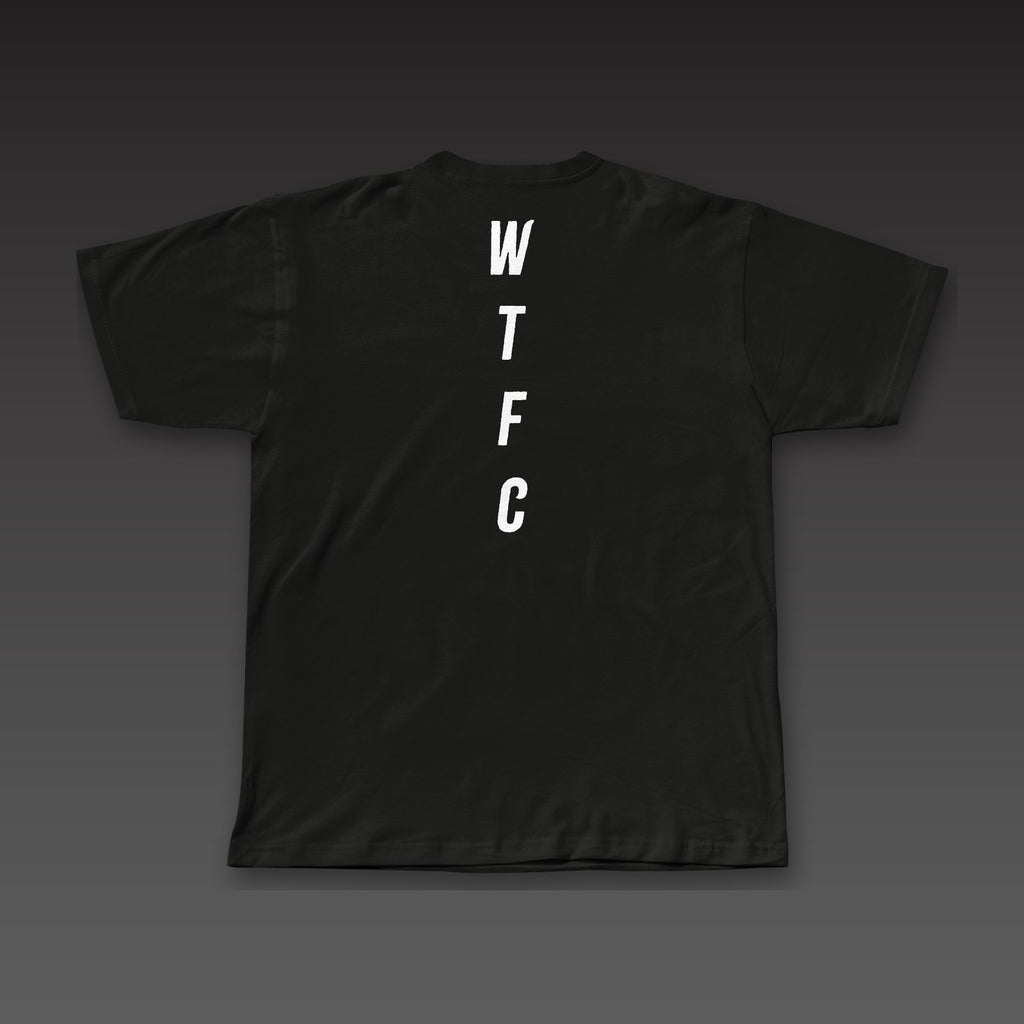 Cutman Tee in black, WTFC running down the spine