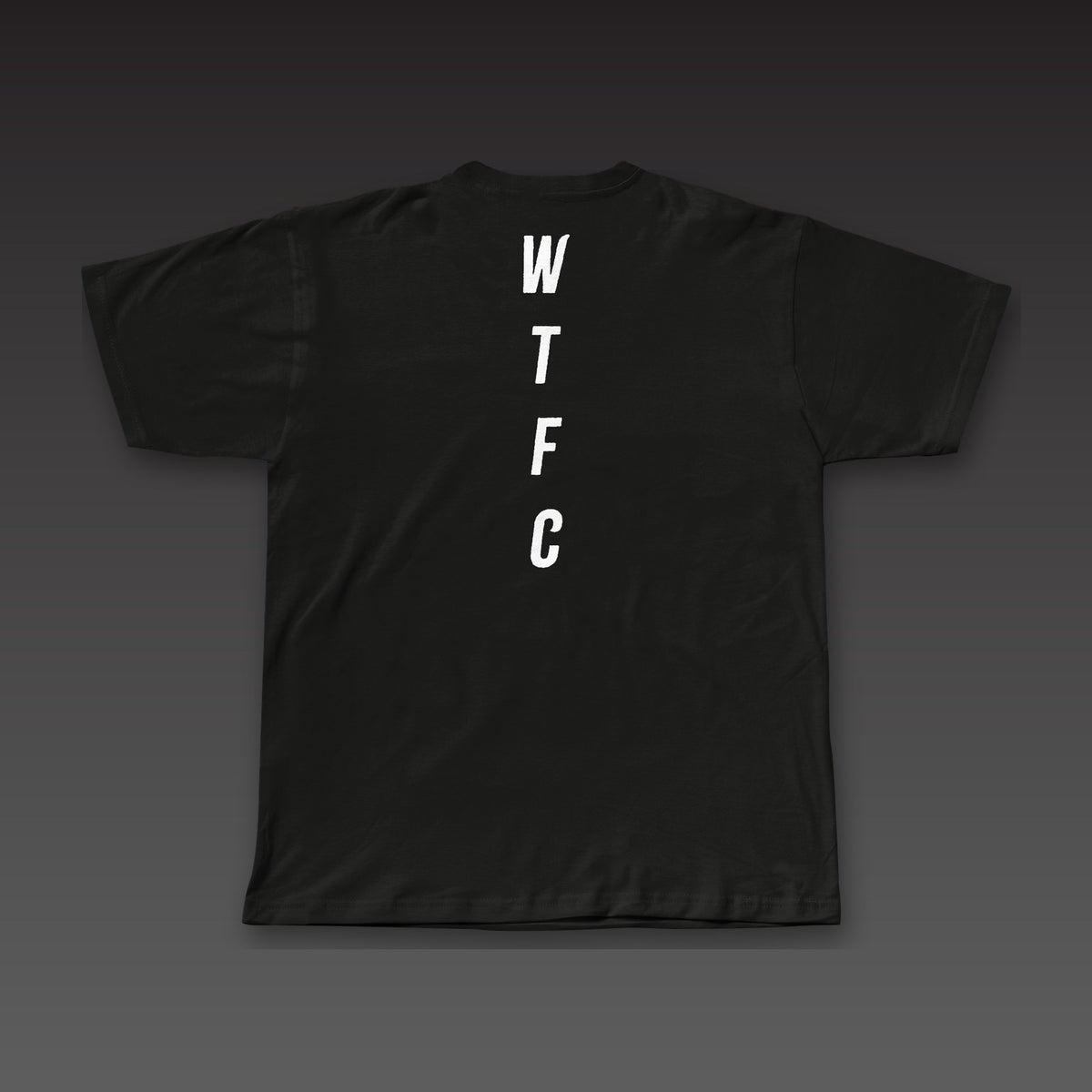 Cutman Tee in black, WTFC running down the spine