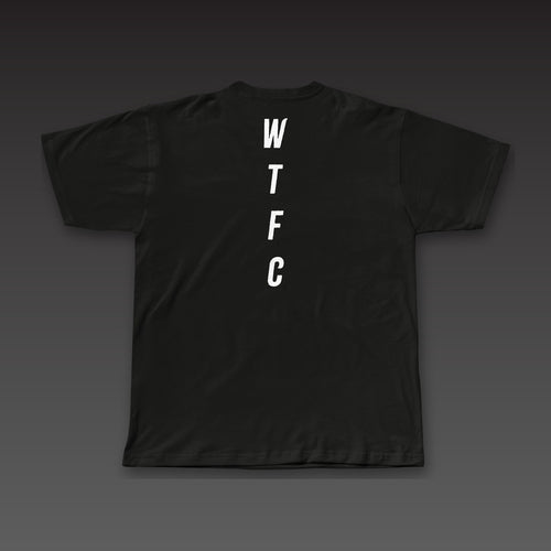 Cutman Tee in black, WTFC running down the spine