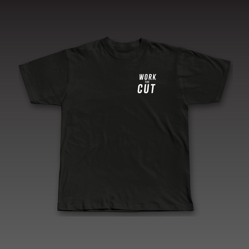 Cutman Tee in black, Work the Cut stacked on the left chest
