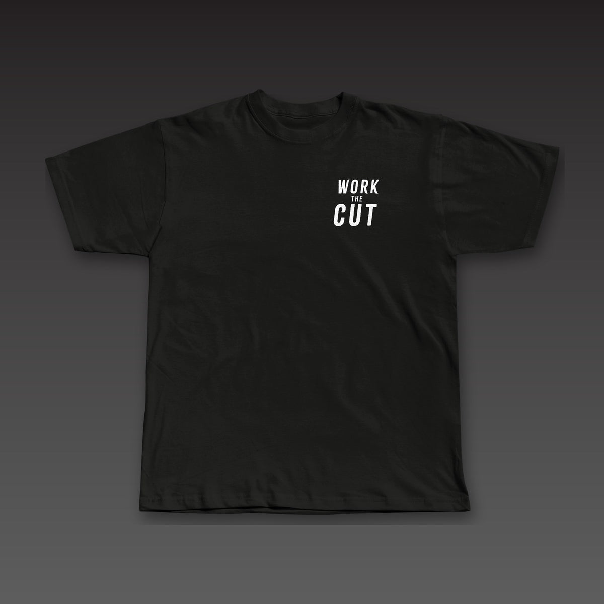 Cutman Tee in black, Work the Cut stacked on the left chest