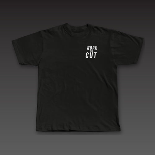 Cutman Tee in black, Work the Cut stacked on the left chest