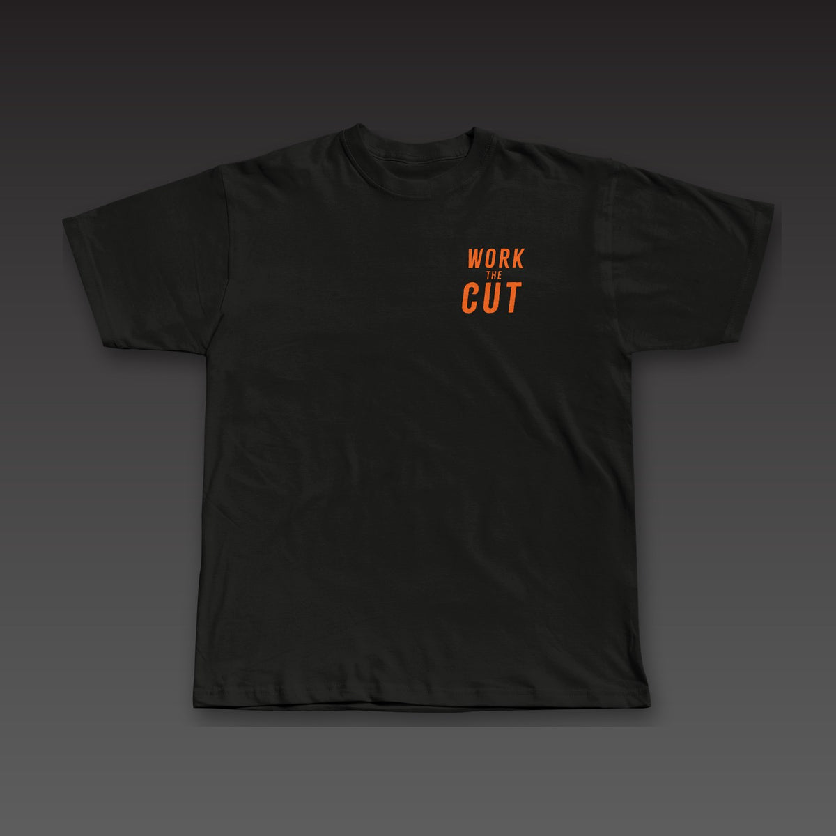Cutman Tee in black / orange, Work the Cut stacked on the left chest