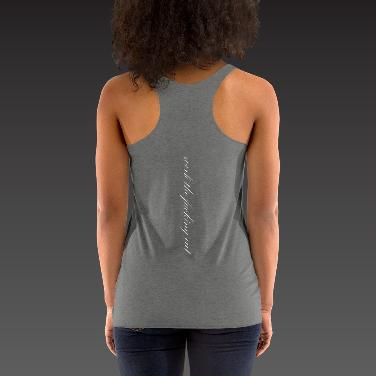 Spine Script Tank in premium heather, the phrase in white script running down the spine, shown on a model
