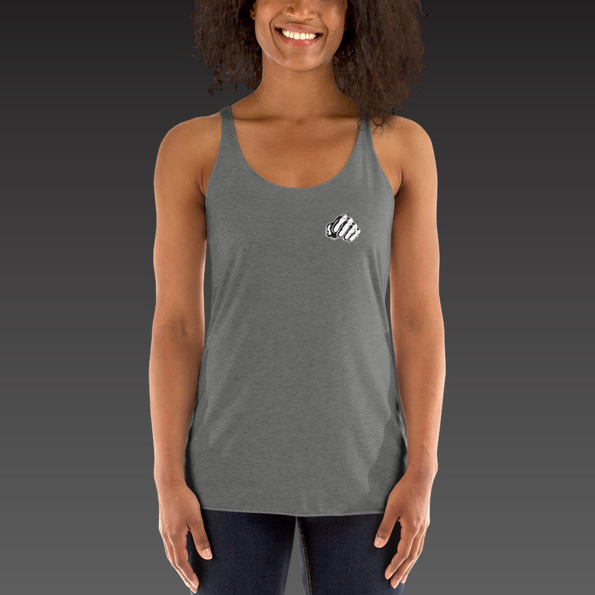 Spine Script Tank in premium heather, a fist on the left chest, shown on a model