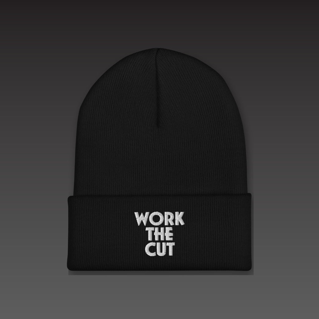 Stack Beanie in black / white, WORK THE CUT stacked in white embroidery on the cuff