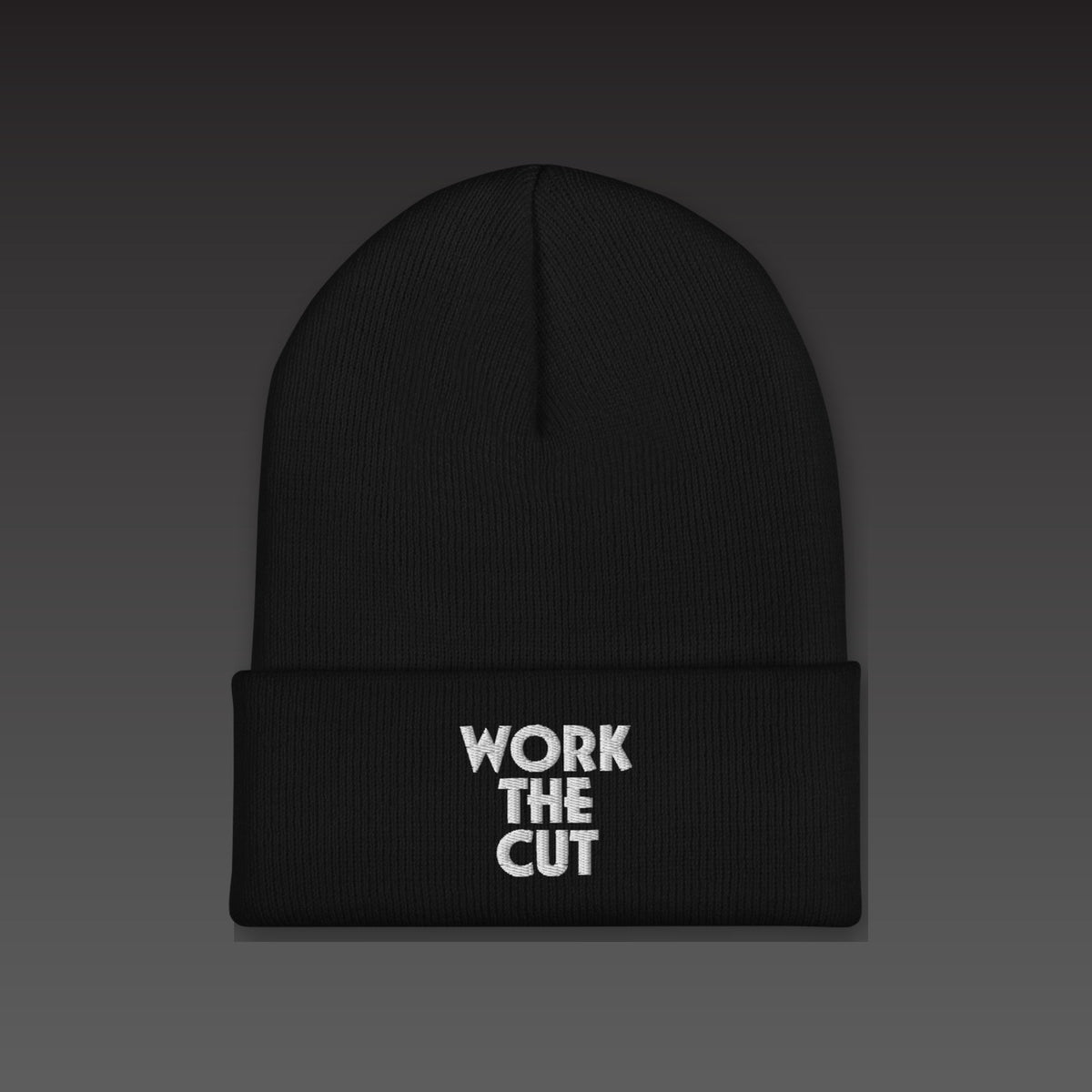 Stack Beanie in black / white, WORK THE CUT stacked in white embroidery on the cuff