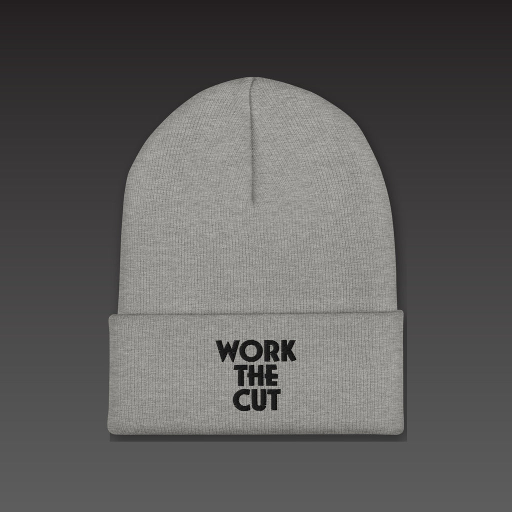 Stack Beanie in heather grey / black, WORK THE CUT stacked in black embroidery on the cuff