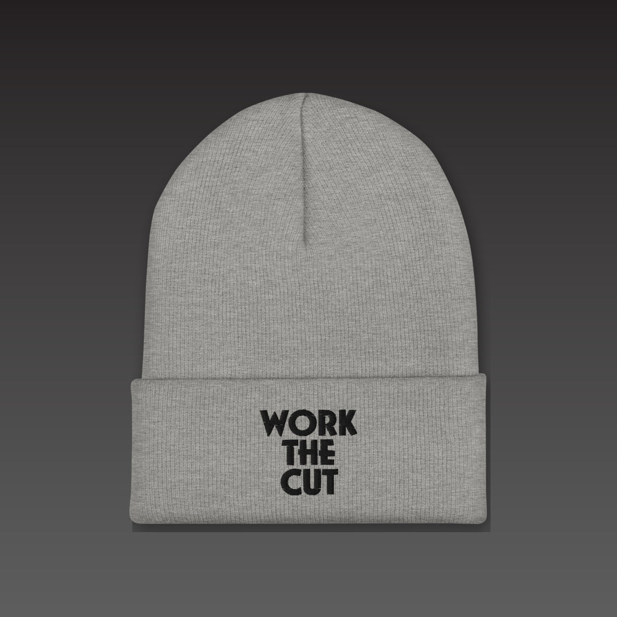Stack Beanie in heather grey / black, WORK THE CUT stacked in black embroidery on the cuff