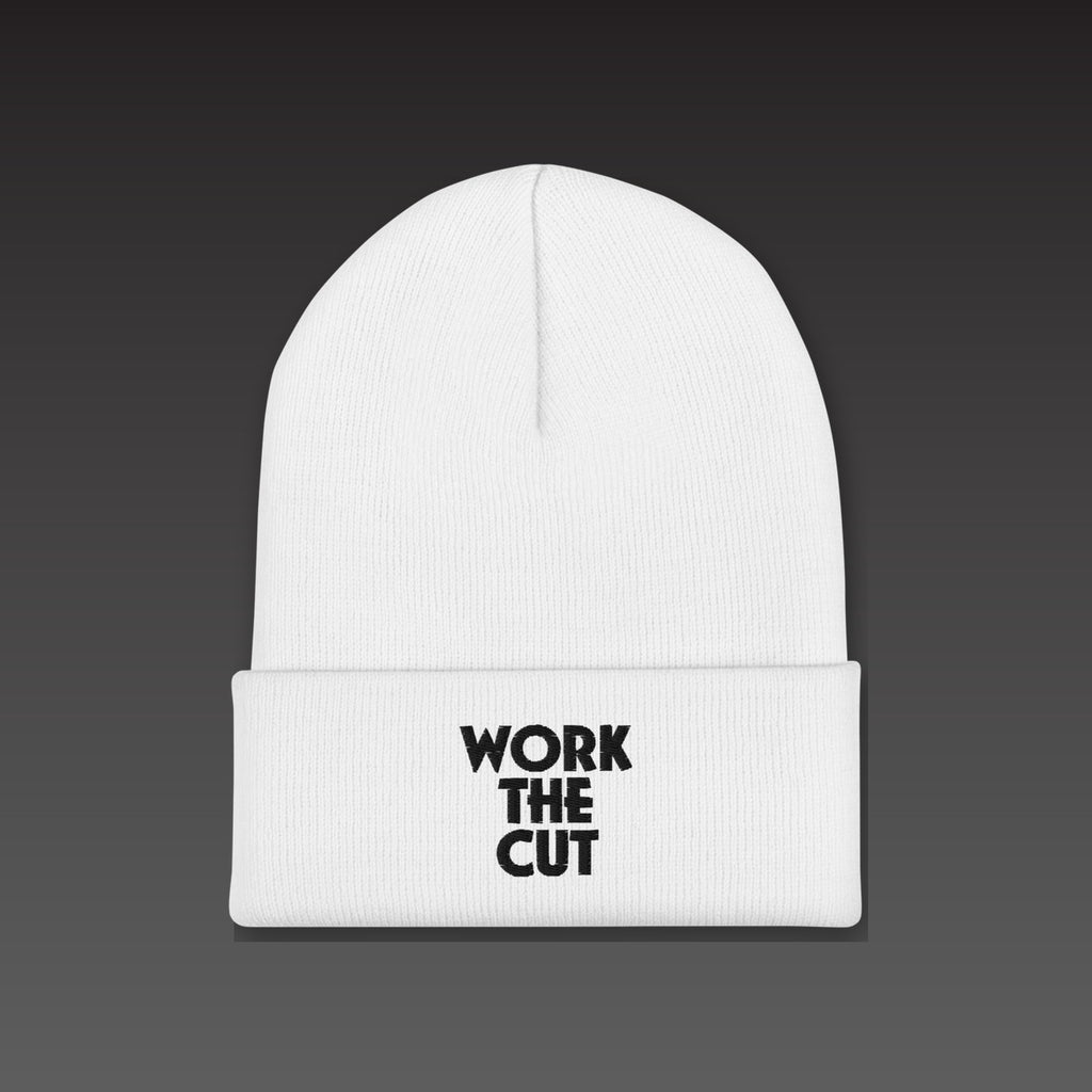 Stack Beanie in white / black, WORK THE CUT stacked in black embroidery on the cuff