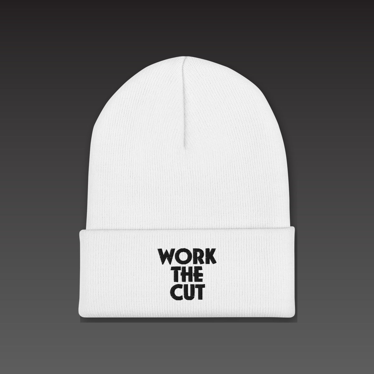 Stack Beanie in white / black, WORK THE CUT stacked in black embroidery on the cuff
