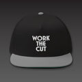 Stack Five-Panel in grey visor, WORK THE CUT stacked in white embroidery on the front