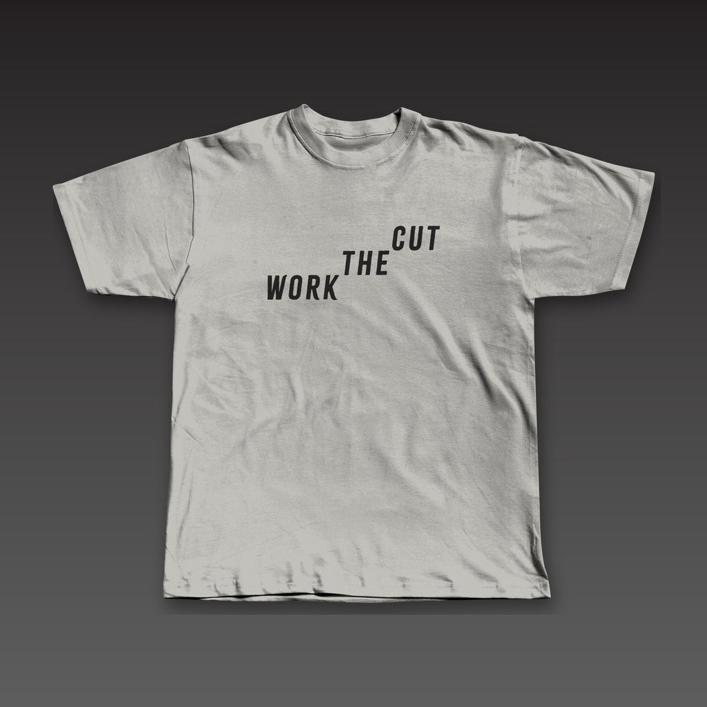 Late Rounds Tee in athletic grey, Work the Cut climbing up across the chest