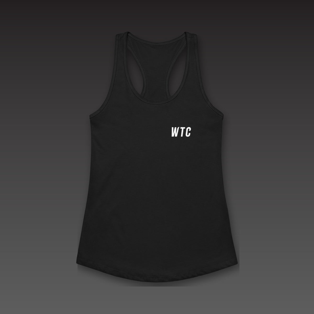 Upper Back Script Racerback in black, WTC on the left chest