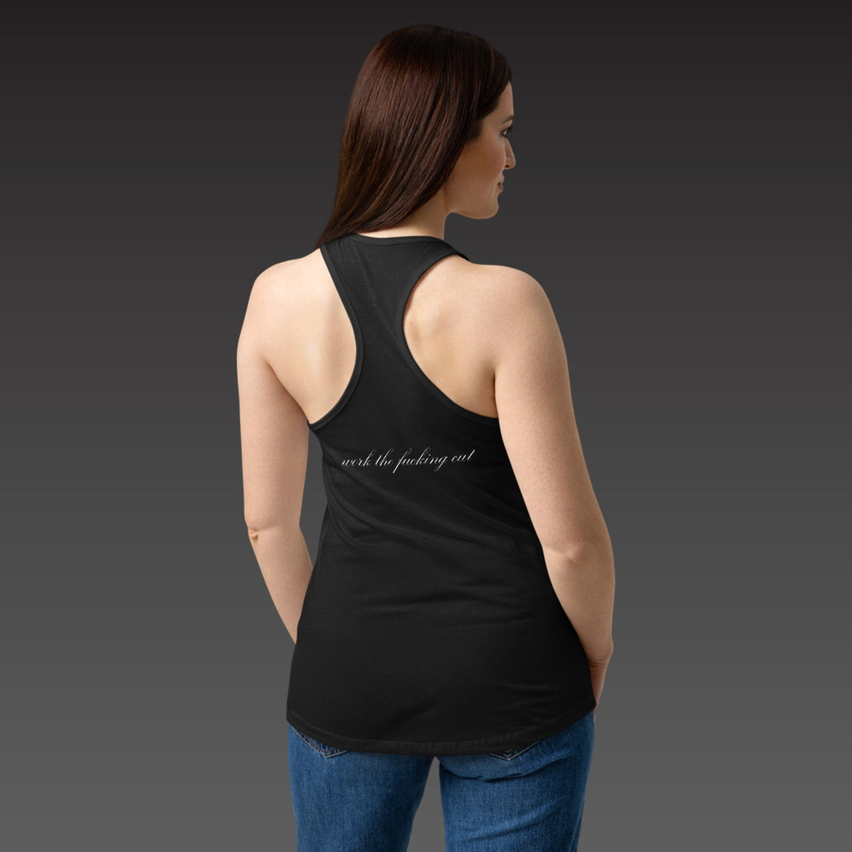 Upper Back Script Racerback in black, the phrase in white script across the upper back, shown on a model