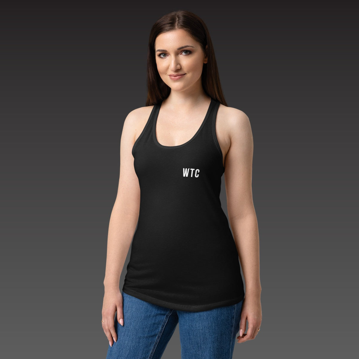 Upper Back Script Racerback in black, WTC on the left chest, shown on a model