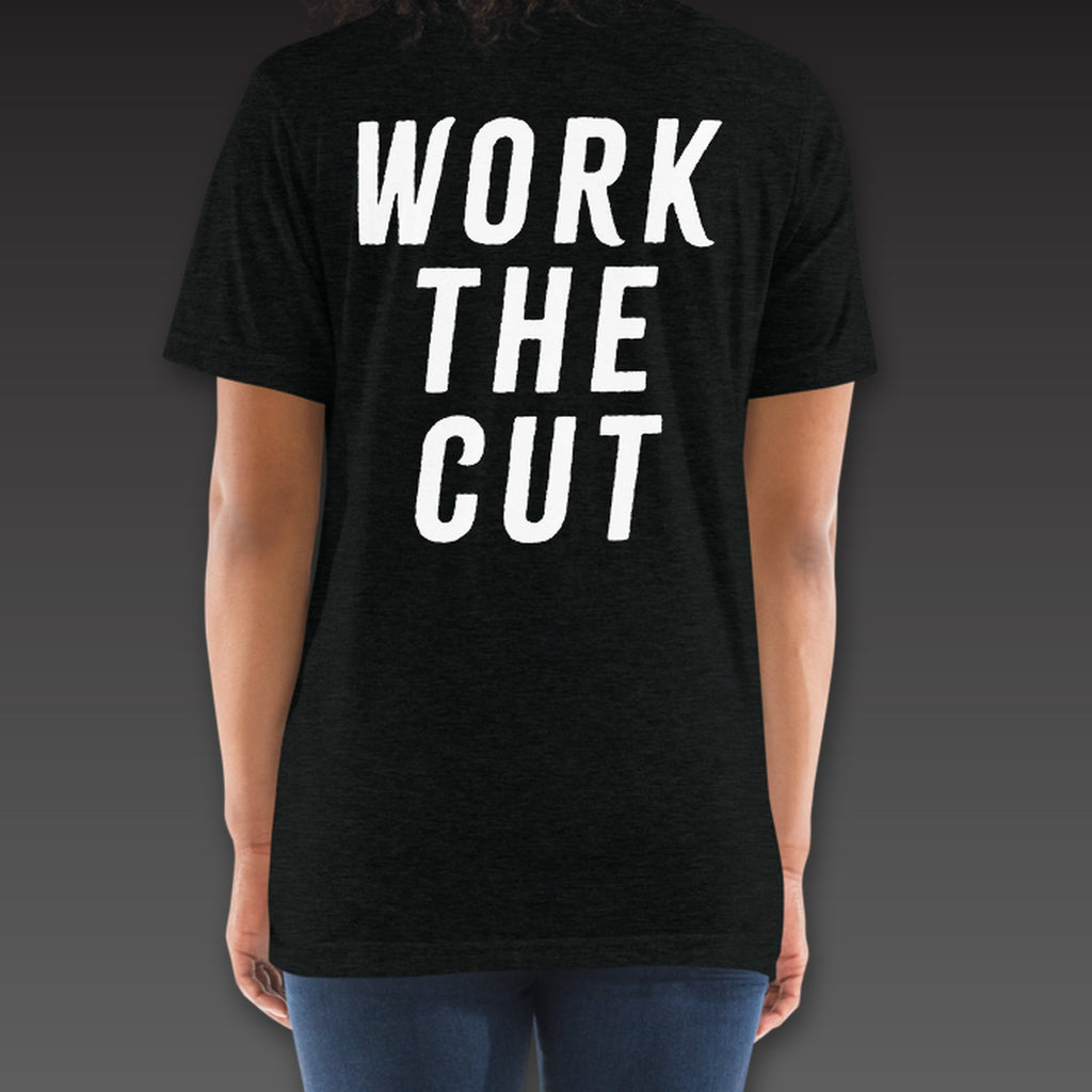 Women's Main Event Tee in black, Work the Cut across the full back