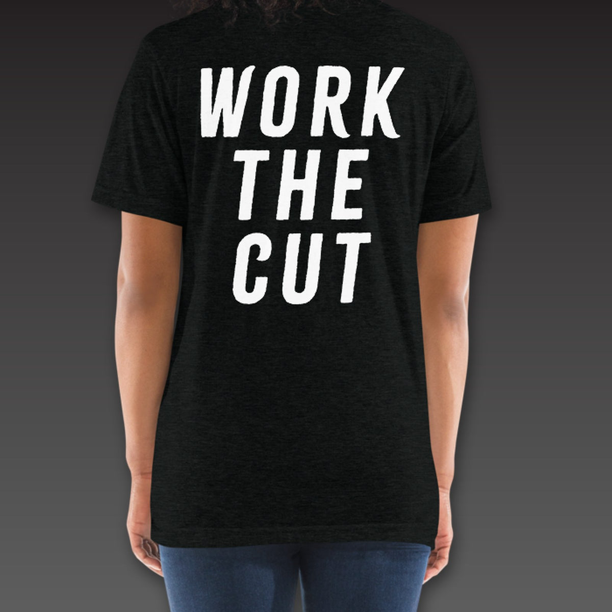 Women's Main Event Tee in black, Work the Cut across the full back