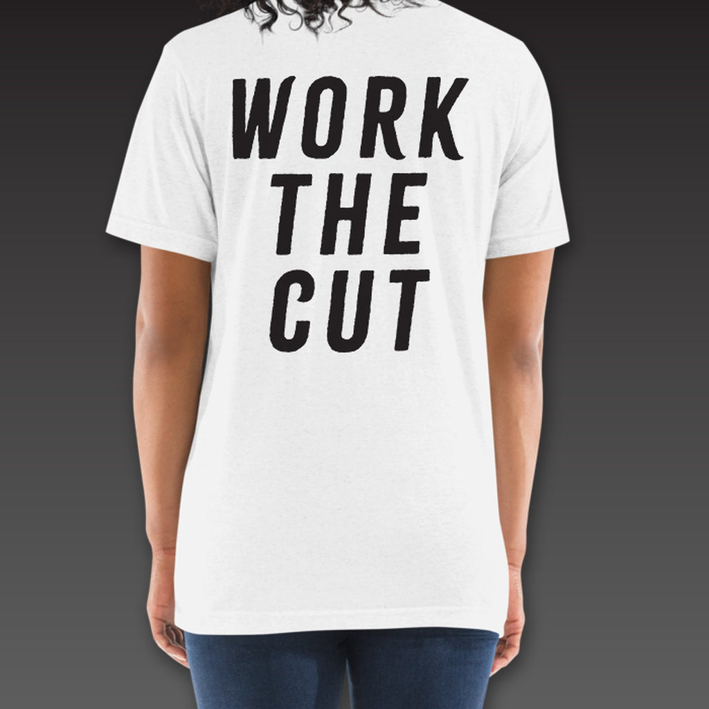 Women's Main Event Tee in white, Work the Cut across the full back