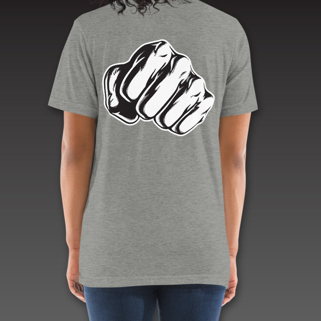 Women's Haymaker Tee in athletic grey, a single fist across the full back