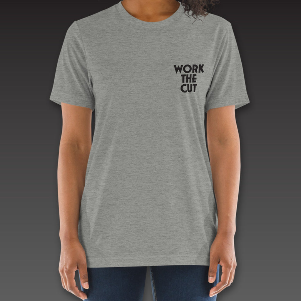 Women's Haymaker Tee in athletic grey, Work the Cut stacked on the left chest